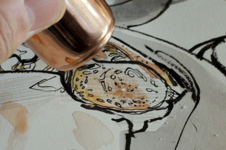 While the paint is still wet, I sprinkle in some salt to suck up moisture and make an interesting texture.  Plus, it tastes better.