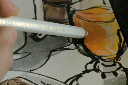 Full tummy? Time for a little white pencil to add highlights and reflections to the glass 'n' crockery. Burp.